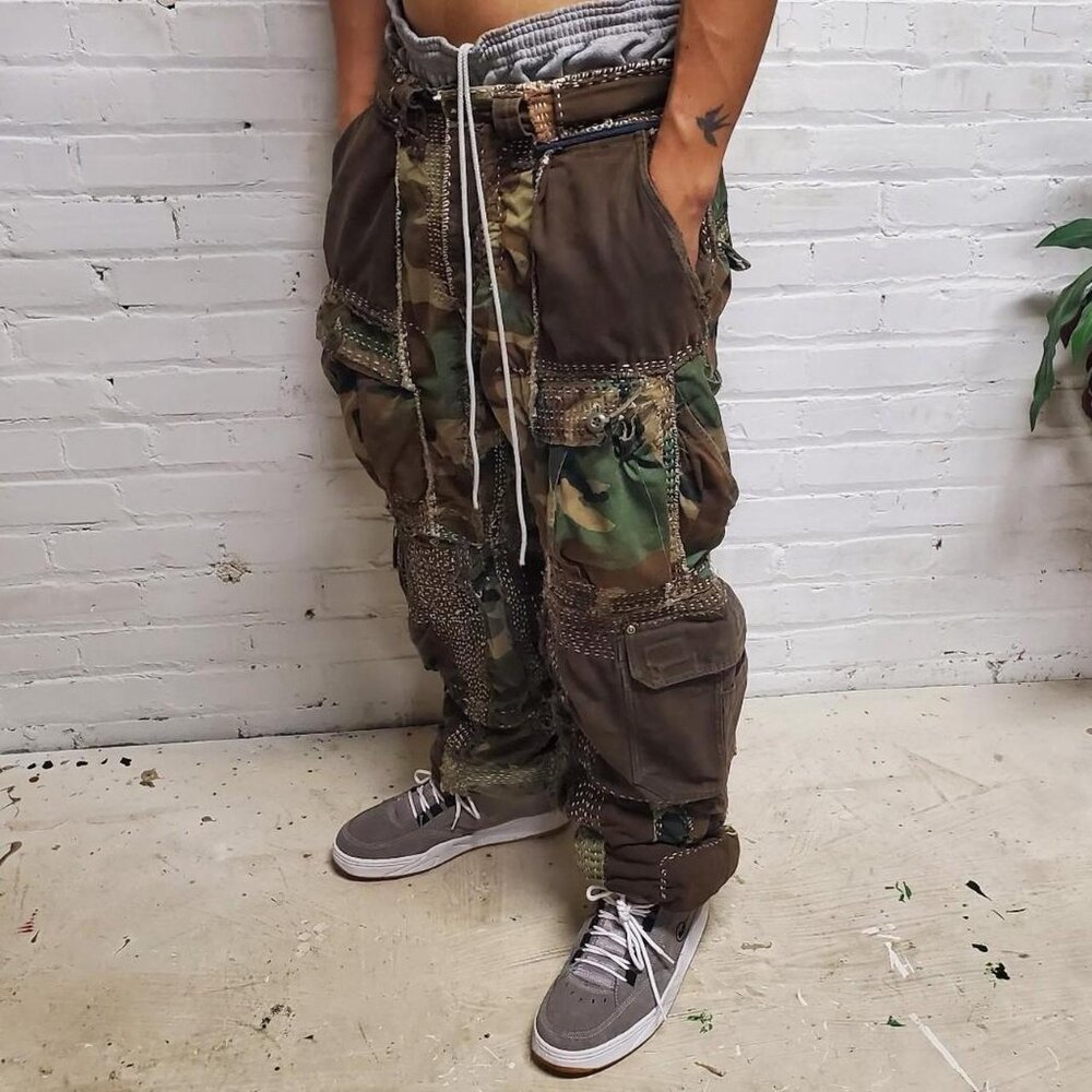 1 of 1 custom shashiko stitched brown and camouflage baggy cargo pocket pants